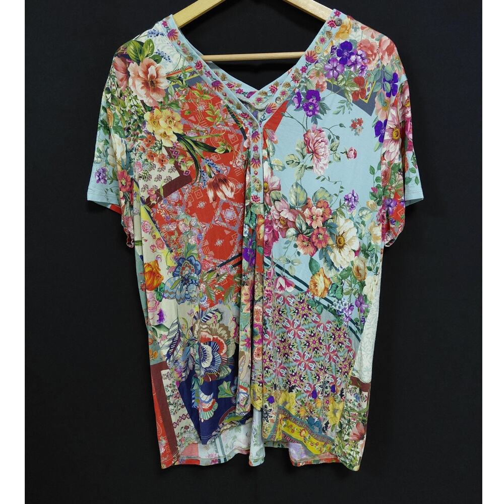 Johnny Was Floral Patchwork Top Multicolor Short Sleeve Knit Size 1X